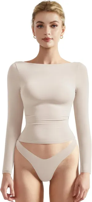 SUUKSESS Women Crew Neck Long Sleeve T Shirts Double Lined Tight Fitted Crop Top