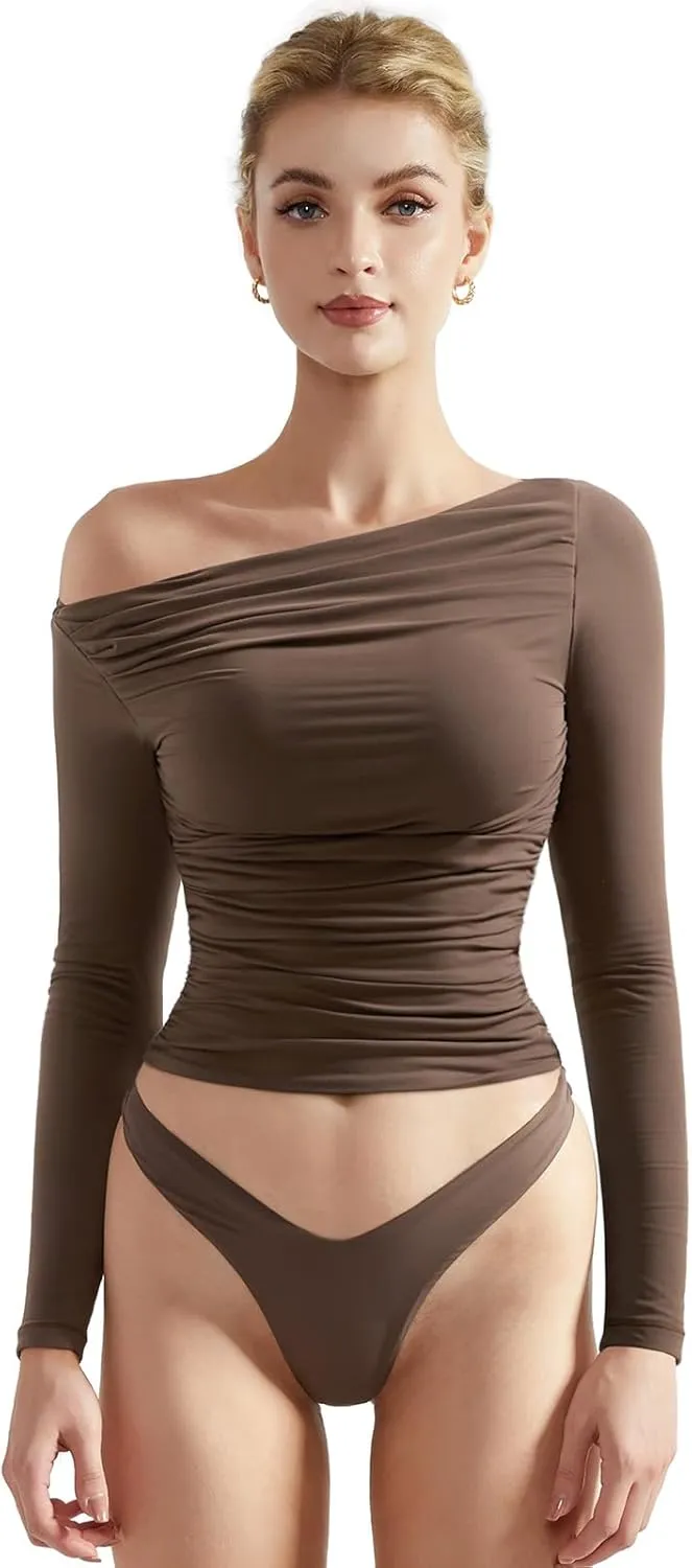 SUUKSESS Women Off Shoulder Long Sleeve Shirts Double Lined Fitted Crop Tops