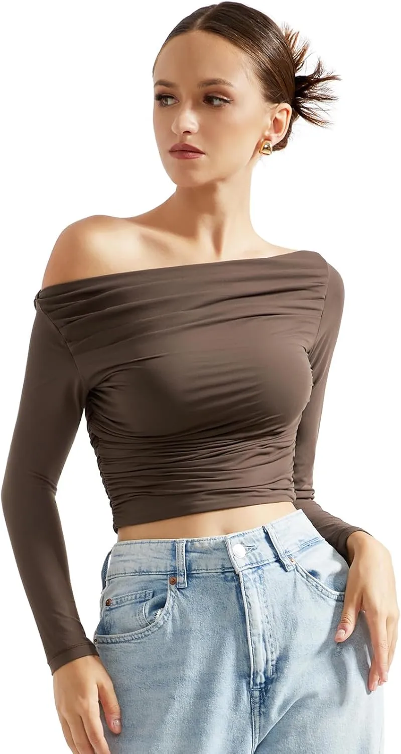 SUUKSESS Women Off Shoulder Long Sleeve Shirts Double Lined Fitted Crop Tops