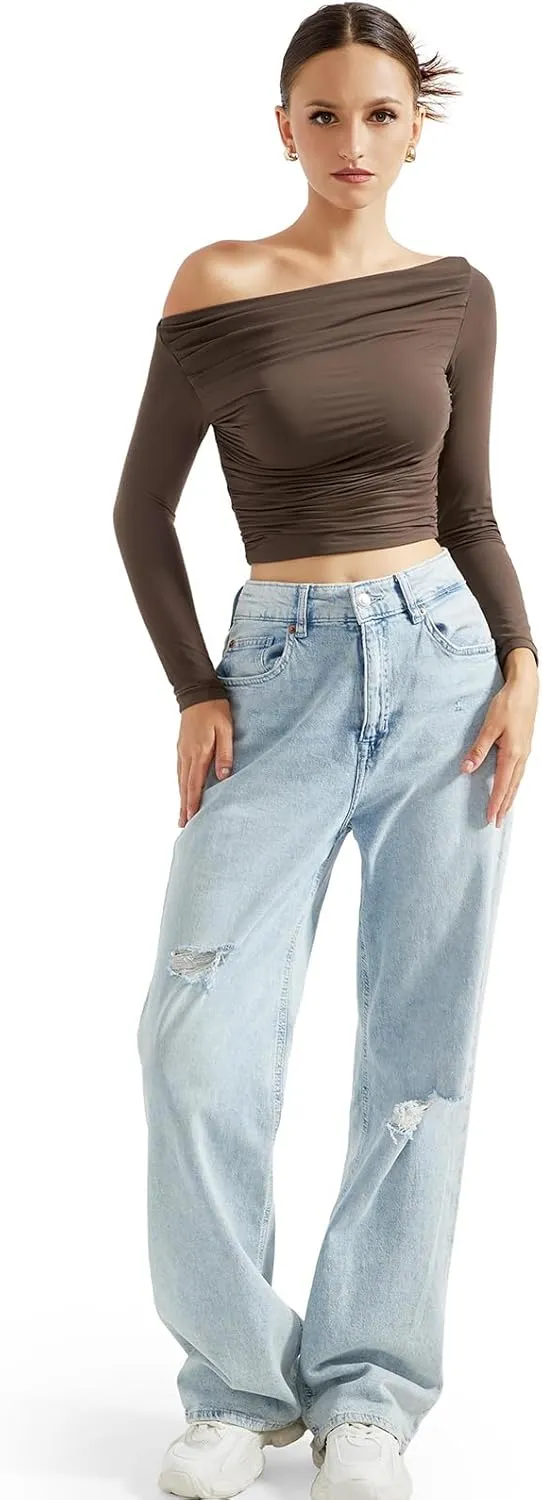 SUUKSESS Women Off Shoulder Long Sleeve Shirts Double Lined Fitted Crop Tops