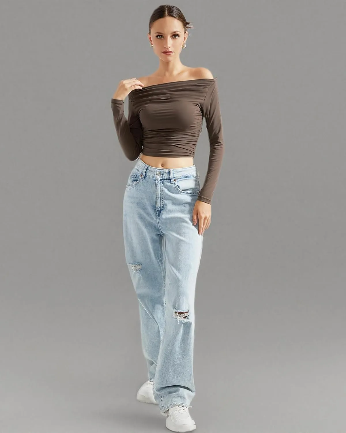 SUUKSESS Women Off Shoulder Long Sleeve Shirts Double Lined Fitted Crop Tops