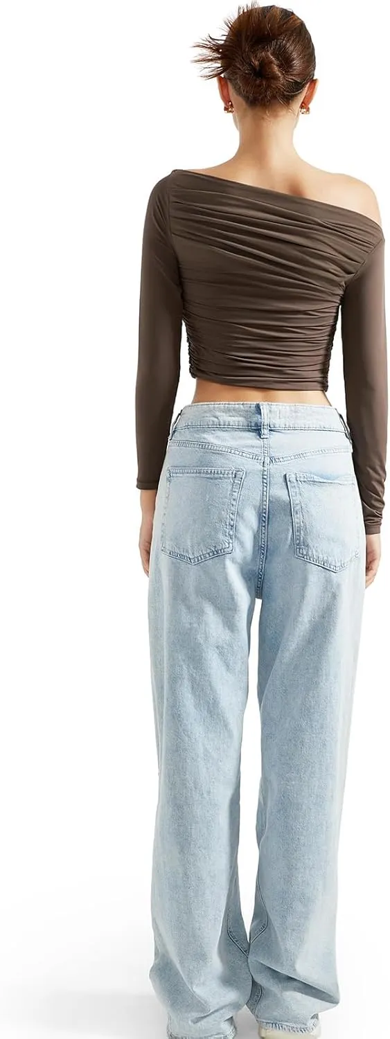 SUUKSESS Women Off Shoulder Long Sleeve Shirts Double Lined Fitted Crop Tops