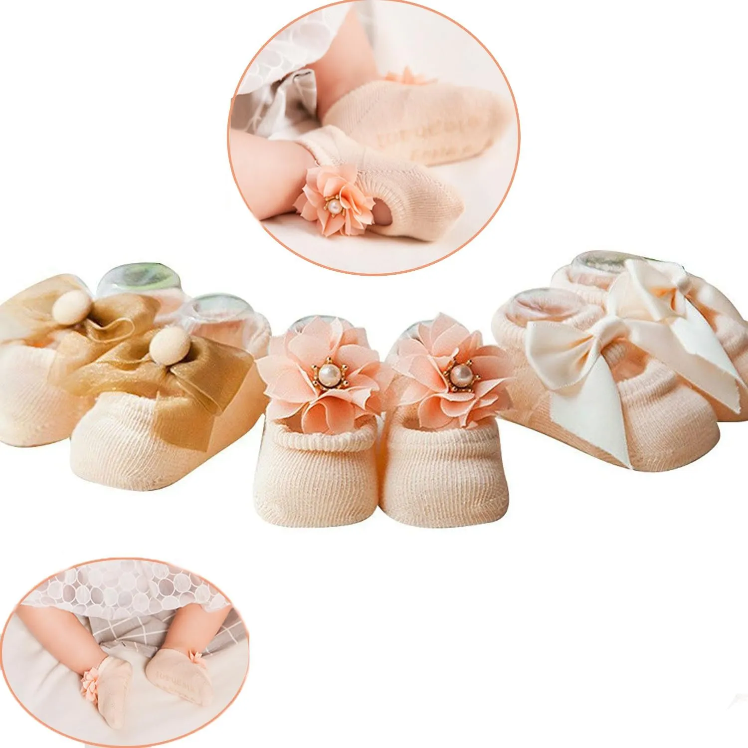 Sywwlov 6Pairs Non-skid Baby Girls Lace Ankle Socks Newborn Toddler Cotton Flower Bowknot Walker Socks 0-18M