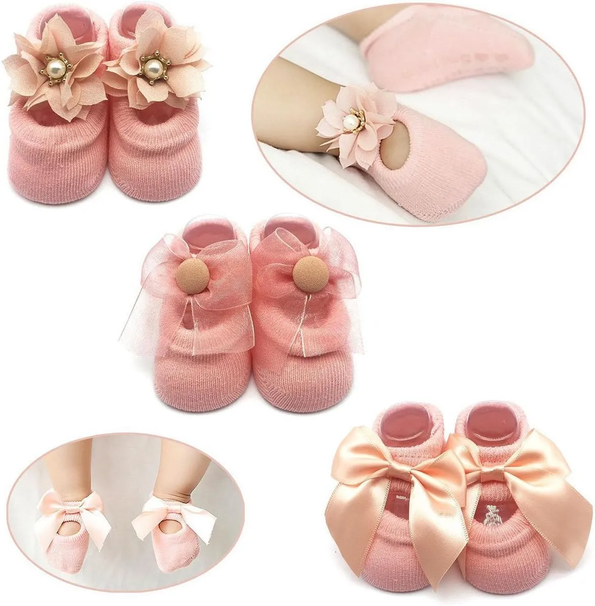 Sywwlov 6Pairs Non-skid Baby Girls Lace Ankle Socks Newborn Toddler Cotton Flower Bowknot Walker Socks 0-18M