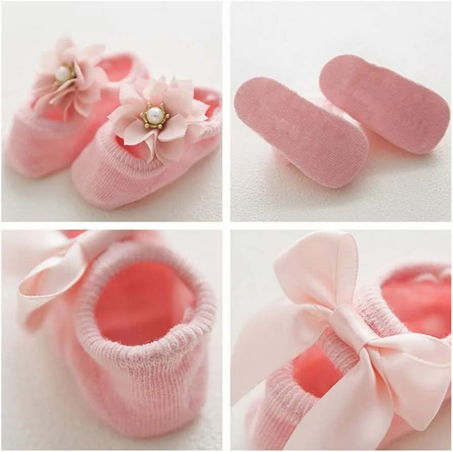 Sywwlov 6Pairs Non-skid Baby Girls Lace Ankle Socks Newborn Toddler Cotton Flower Bowknot Walker Socks 0-18M