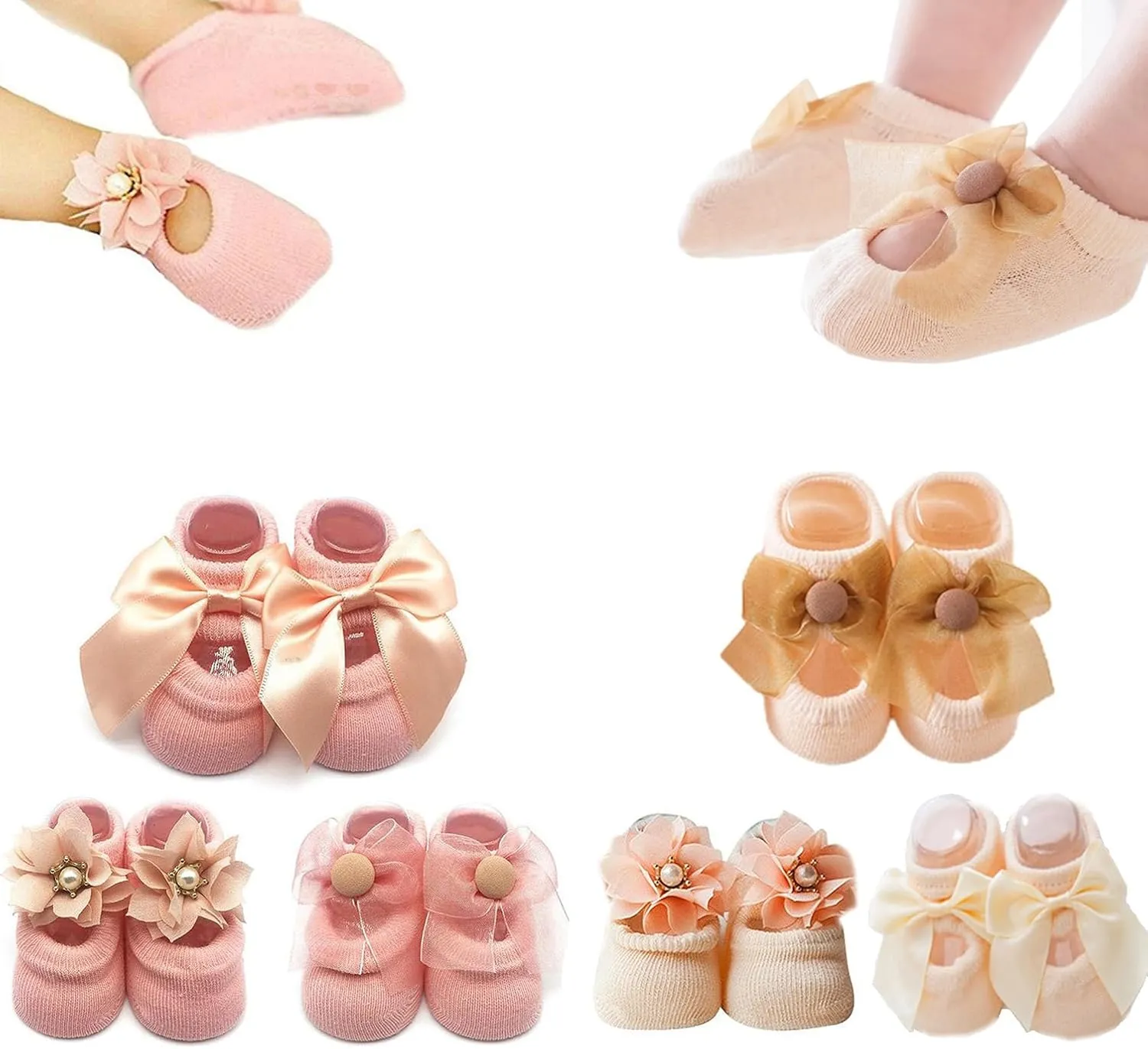 Sywwlov 6Pairs Non-skid Baby Girls Lace Ankle Socks Newborn Toddler Cotton Flower Bowknot Walker Socks 0-18M