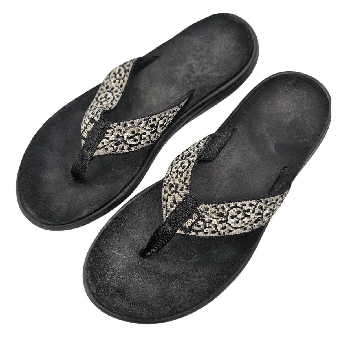 Teva Woens Sz 10 Flip Flop Sandals Black White Floral Print