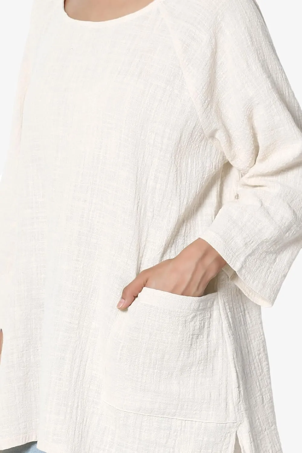 TheMogan Women's Crinkled Gauze Cotton Dual Pocket 3/4 Sleeve Hi Low Loose Fit Top Tunic