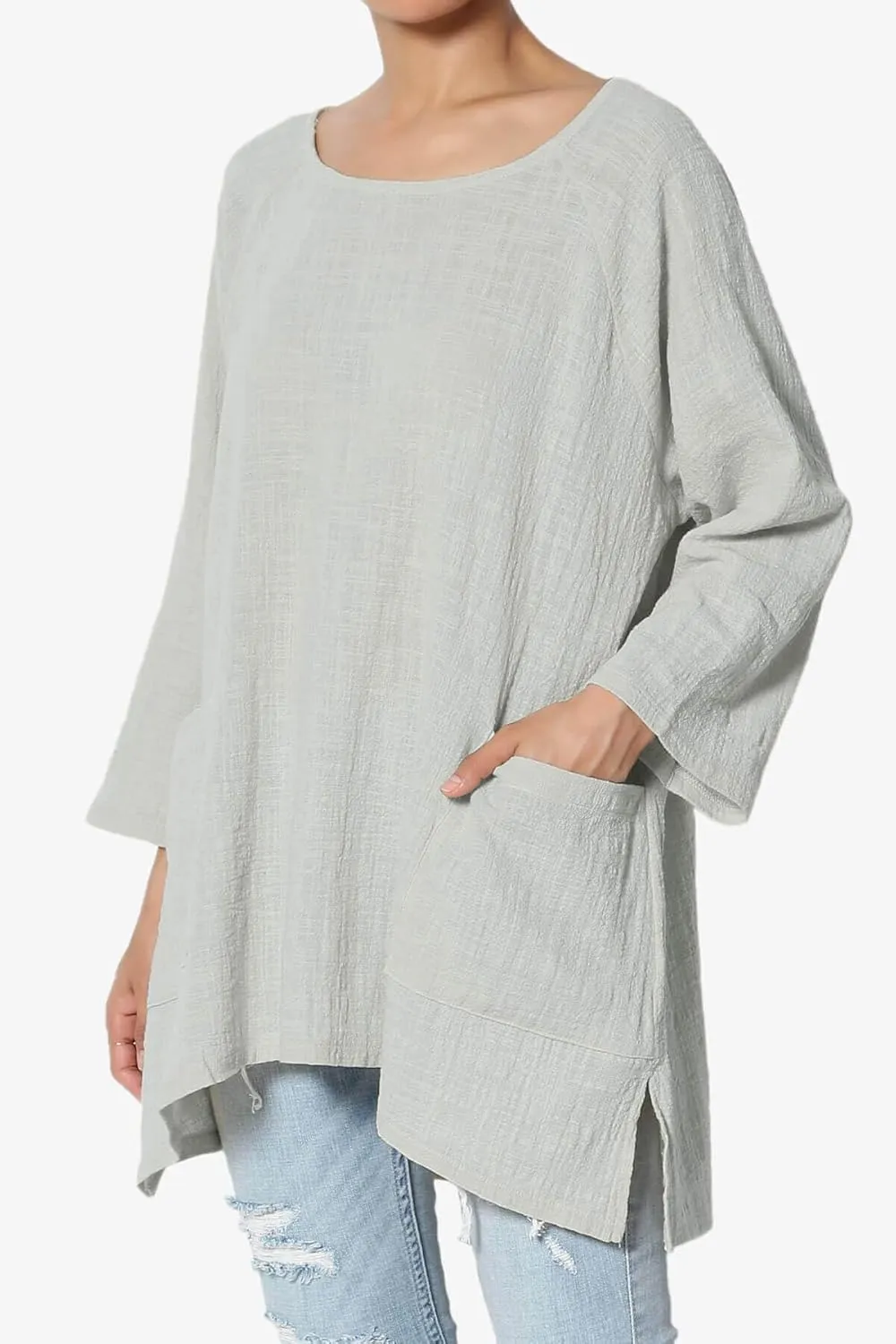 TheMogan Women's Crinkled Gauze Cotton Dual Pocket 3/4 Sleeve Hi Low Loose Fit Top Tunic