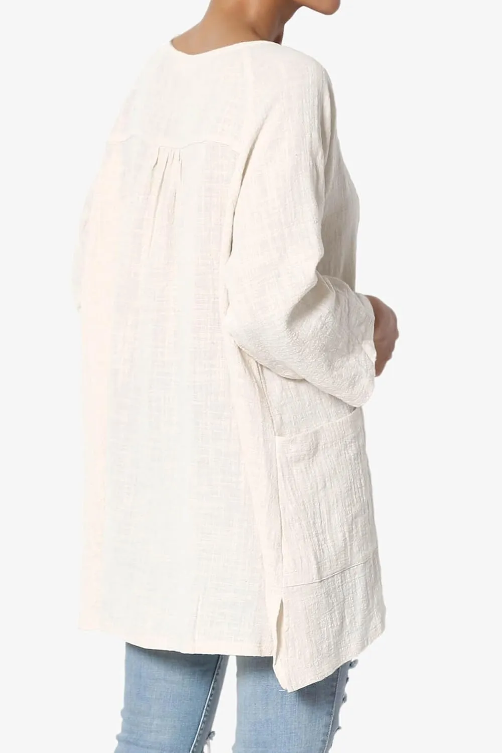 TheMogan Women's Crinkled Gauze Cotton Dual Pocket 3/4 Sleeve Hi Low Loose Fit Top Tunic