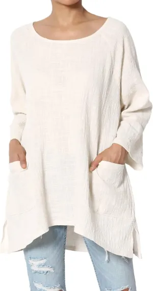 TheMogan Women's Crinkled Gauze Cotton Dual Pocket 3/4 Sleeve Hi Low Loose Fit Top Tunic