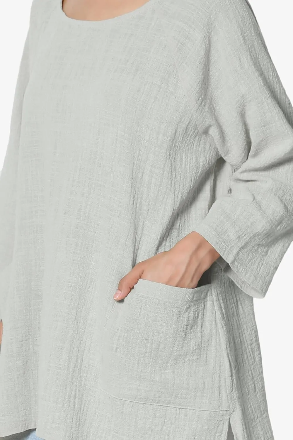 TheMogan Women's Crinkled Gauze Cotton Dual Pocket 3/4 Sleeve Hi Low Loose Fit Top Tunic