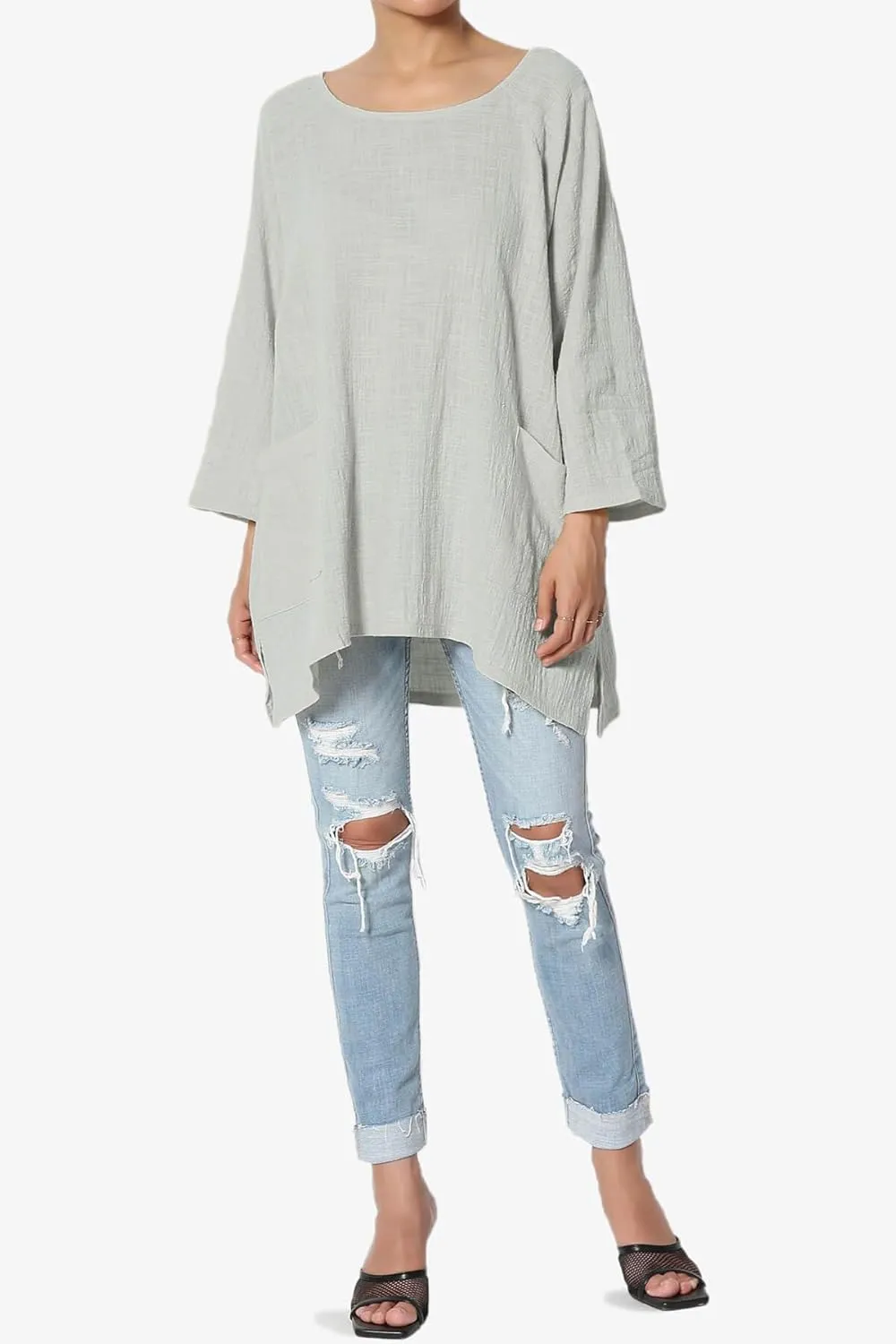 TheMogan Women's Crinkled Gauze Cotton Dual Pocket 3/4 Sleeve Hi Low Loose Fit Top Tunic