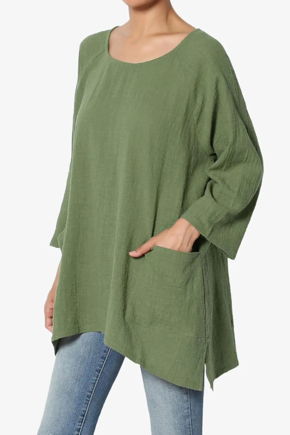 TheMogan Women's Crinkled Gauze Cotton Dual Pocket 3/4 Sleeve Hi Low Loose Fit Top Tunic