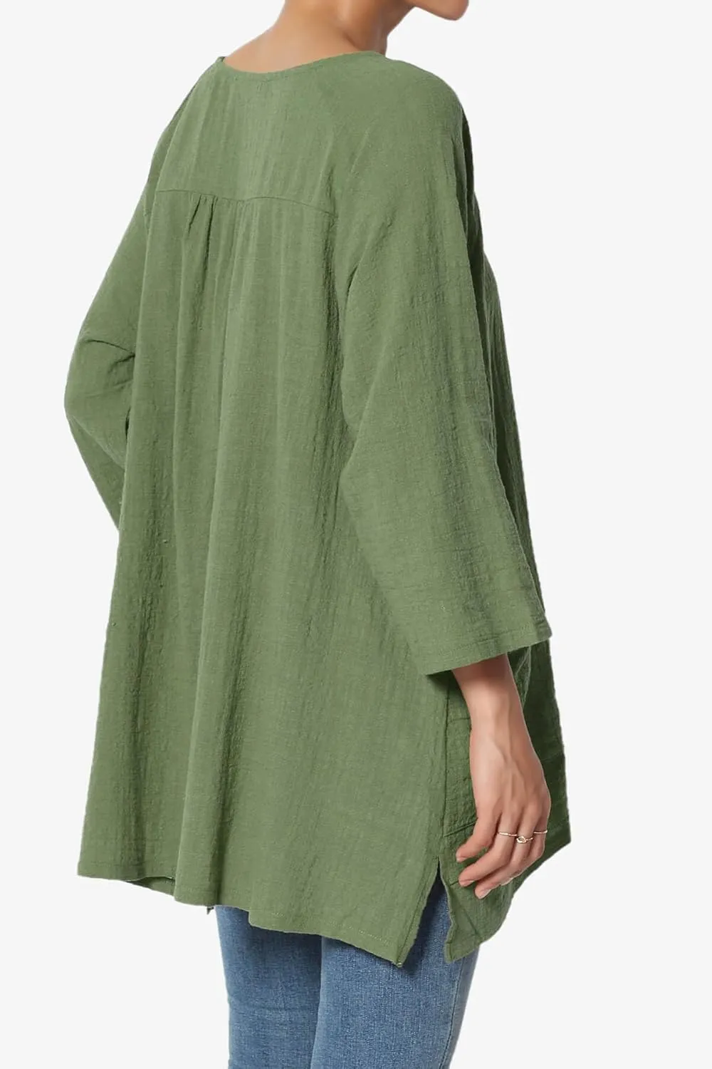 TheMogan Women's Crinkled Gauze Cotton Dual Pocket 3/4 Sleeve Hi Low Loose Fit Top Tunic