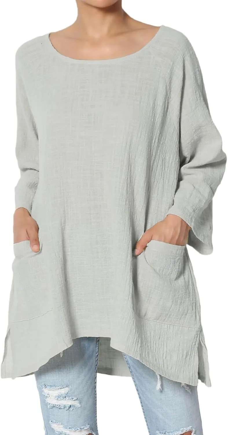 TheMogan Women's Crinkled Gauze Cotton Dual Pocket 3/4 Sleeve Hi Low Loose Fit Top Tunic