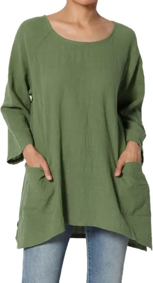 TheMogan Women's Crinkled Gauze Cotton Dual Pocket 3/4 Sleeve Hi Low Loose Fit Top Tunic