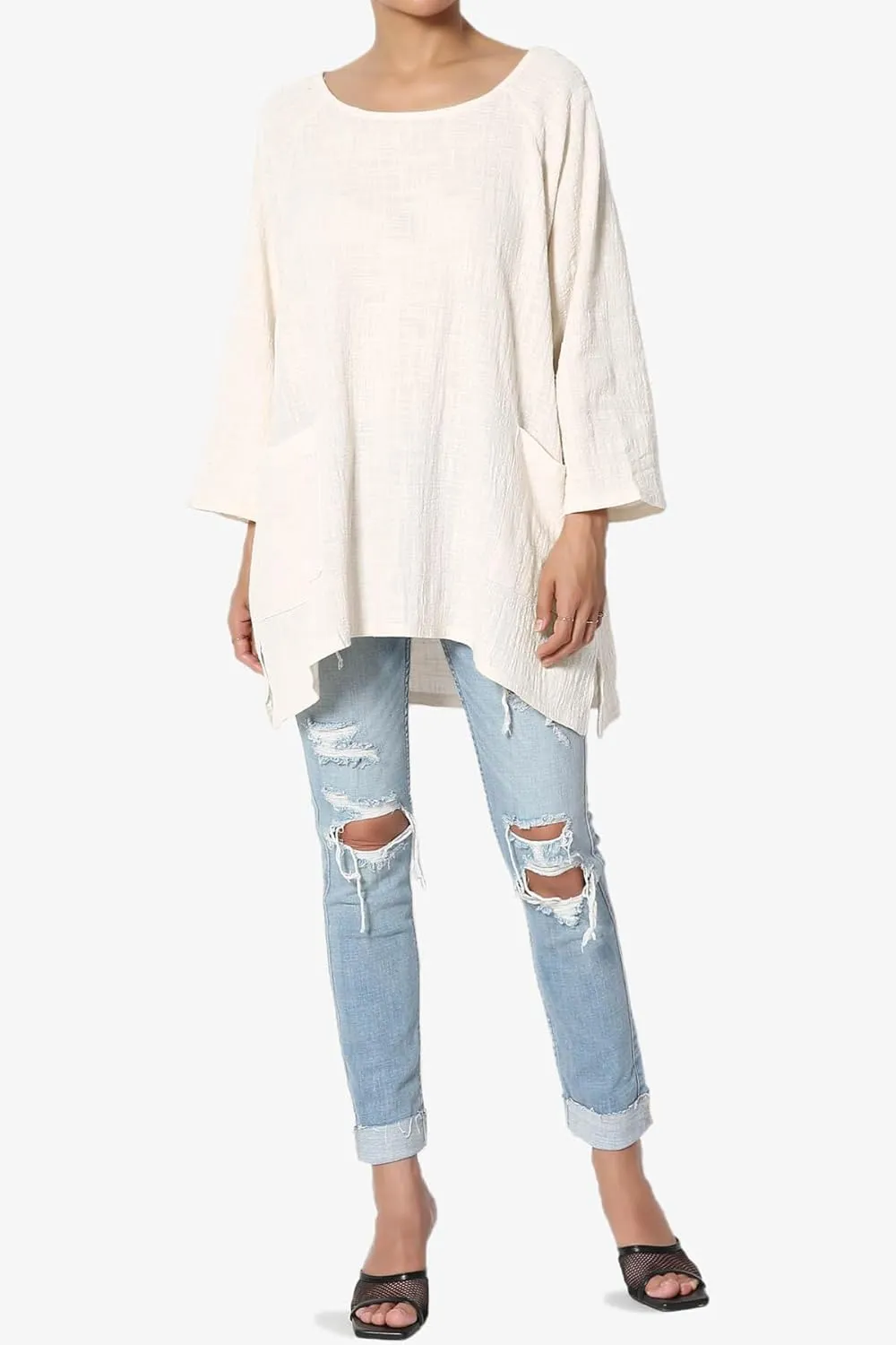 TheMogan Women's Crinkled Gauze Cotton Dual Pocket 3/4 Sleeve Hi Low Loose Fit Top Tunic