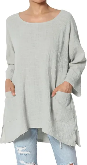 TheMogan Women's Crinkled Gauze Cotton Dual Pocket 3/4 Sleeve Hi Low Loose Fit Top Tunic