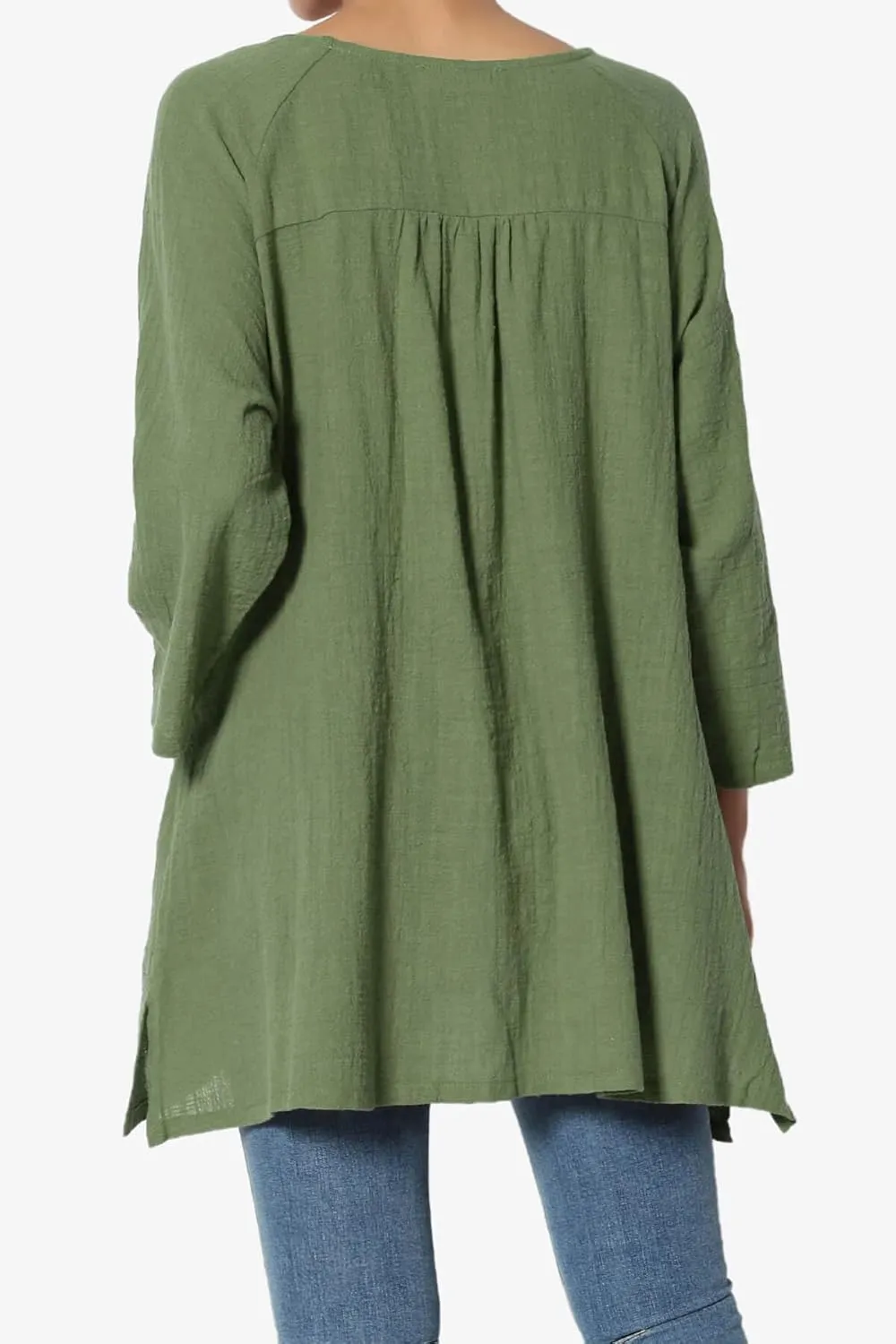TheMogan Women's Crinkled Gauze Cotton Dual Pocket 3/4 Sleeve Hi Low Loose Fit Top Tunic