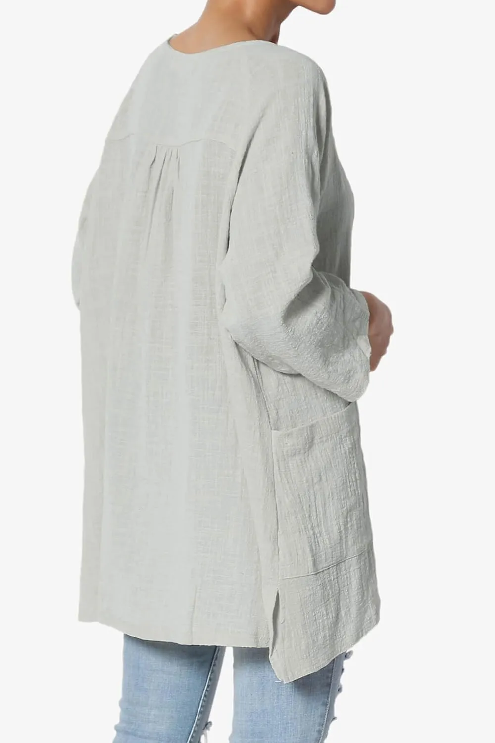 TheMogan Women's Crinkled Gauze Cotton Dual Pocket 3/4 Sleeve Hi Low Loose Fit Top Tunic