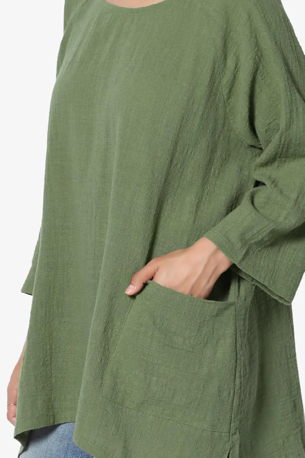 TheMogan Women's Crinkled Gauze Cotton Dual Pocket 3/4 Sleeve Hi Low Loose Fit Top Tunic
