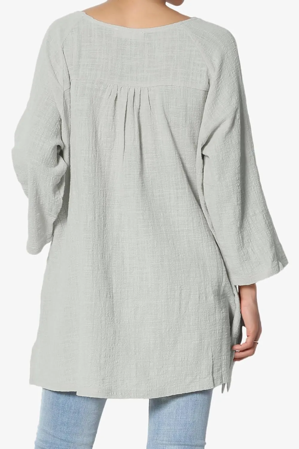 TheMogan Women's Crinkled Gauze Cotton Dual Pocket 3/4 Sleeve Hi Low Loose Fit Top Tunic