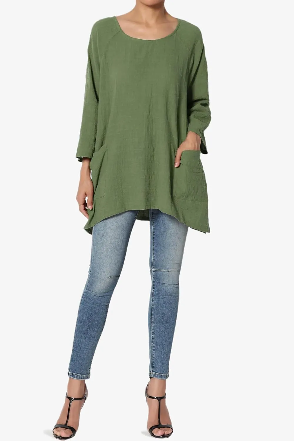TheMogan Women's Crinkled Gauze Cotton Dual Pocket 3/4 Sleeve Hi Low Loose Fit Top Tunic