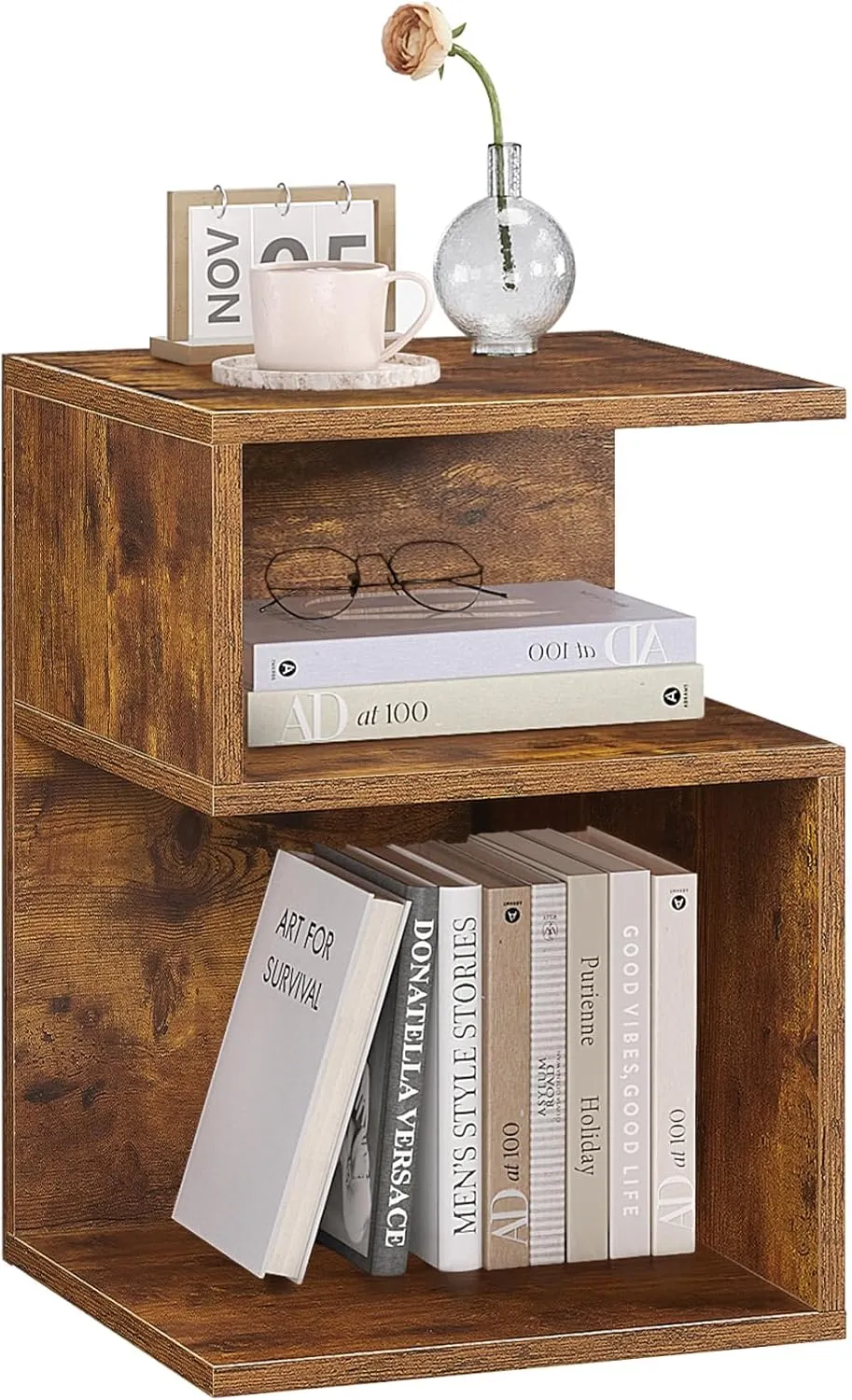 Tokyo S Minimalist 3 Tier End Table - Minimalist 3-Tier Wood Nightstand for Small Spaces with Open Storage - Japanese-Inspired Bedside Table for Bedroom (Rustic Brown)