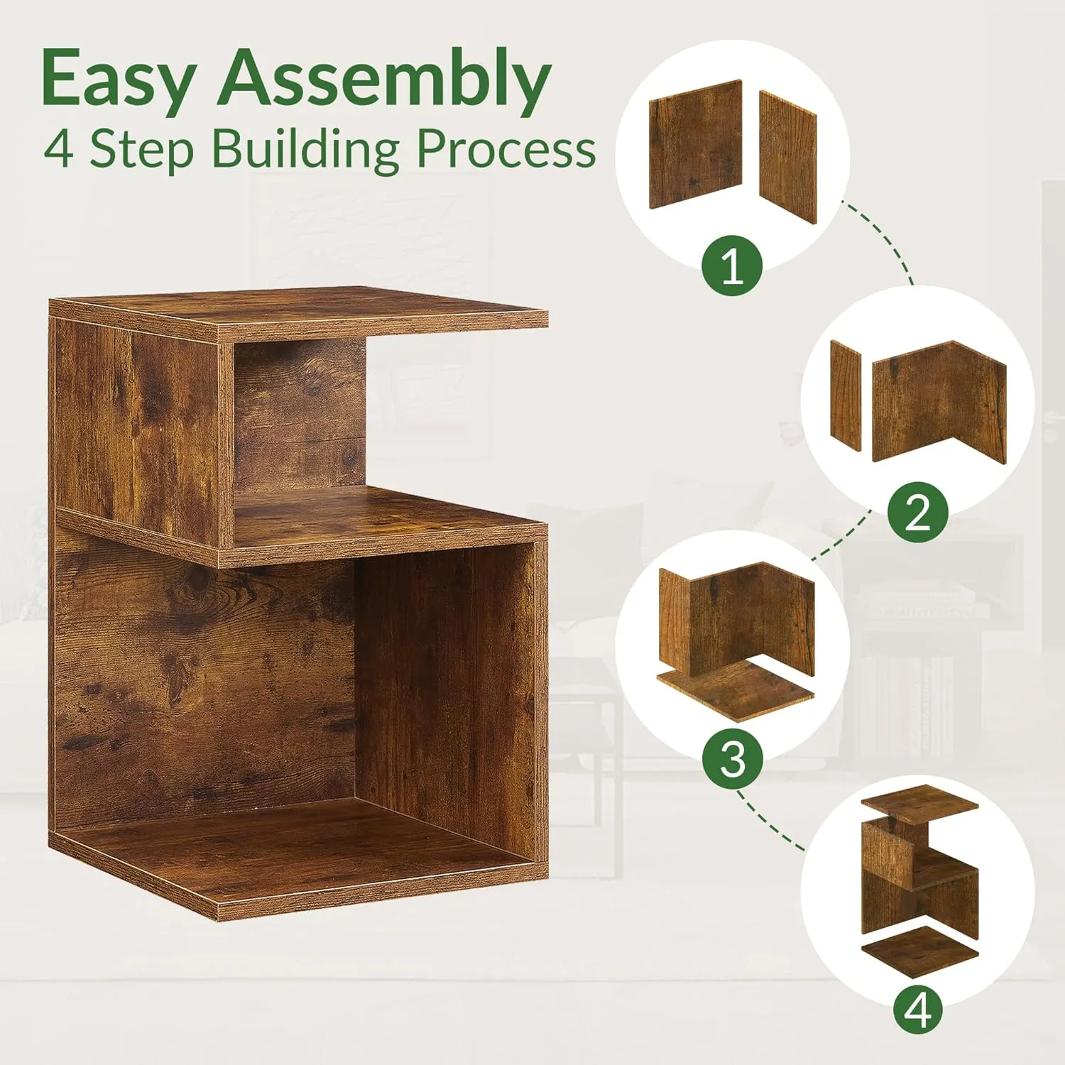 Tokyo S Minimalist 3 Tier End Table - Minimalist 3-Tier Wood Nightstand for Small Spaces with Open Storage - Japanese-Inspired Bedside Table for Bedroom (Rustic Brown)