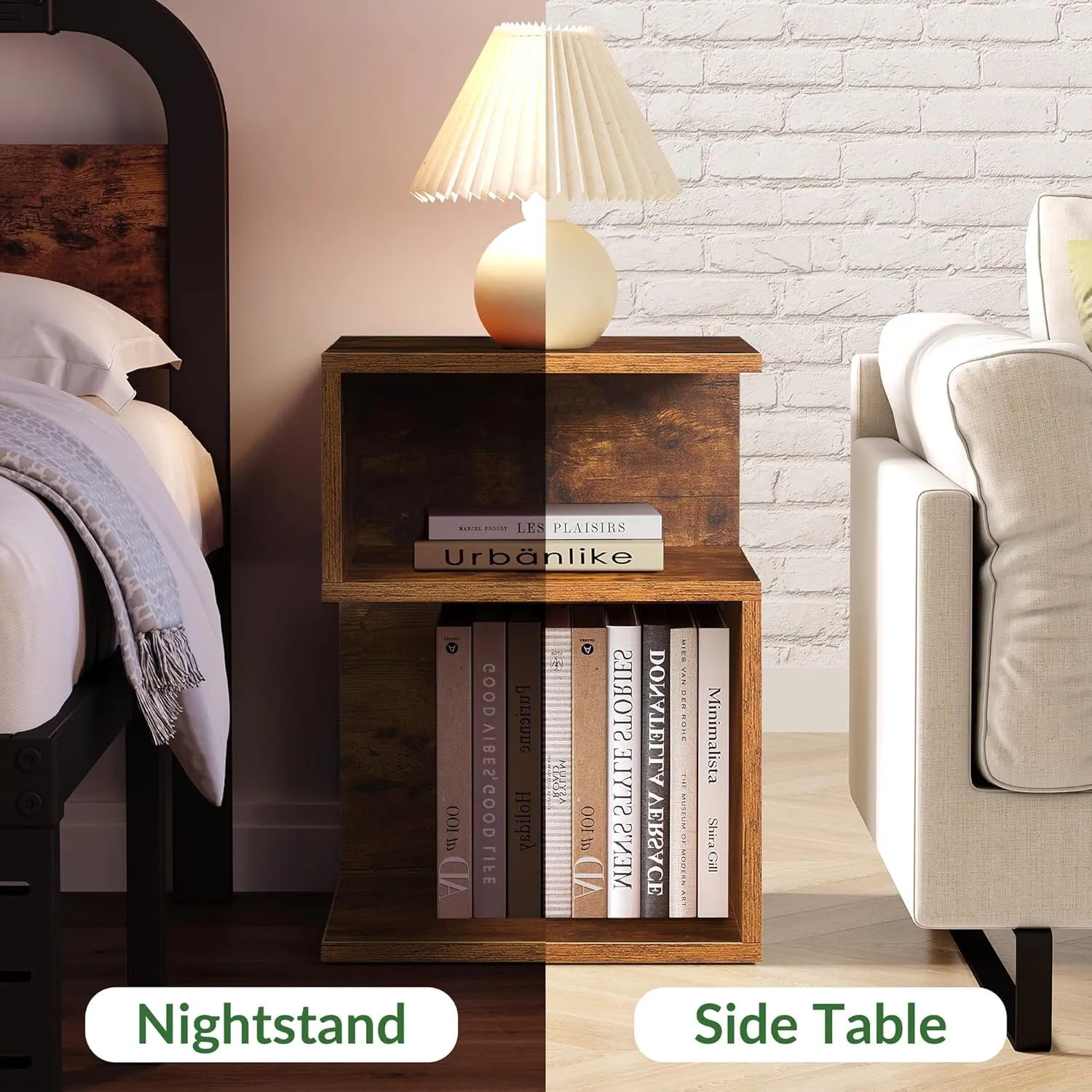 Tokyo S Minimalist 3 Tier End Table - Minimalist 3-Tier Wood Nightstand for Small Spaces with Open Storage - Japanese-Inspired Bedside Table for Bedroom (Rustic Brown)