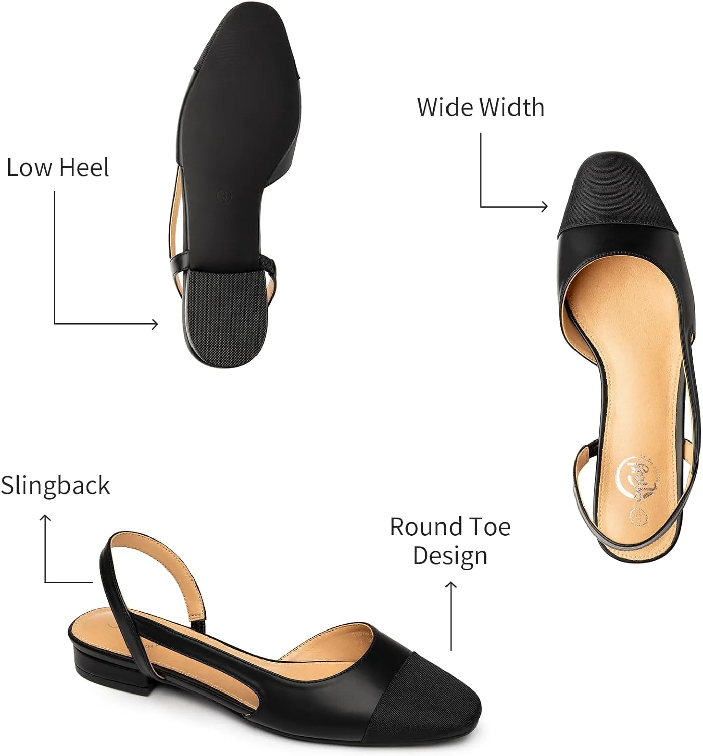 Trary Slingback Flats for Women, Black Dressy Comfortable Round Square Toe Shoes, Work Office Casual Ankle Strap Dress Flats
