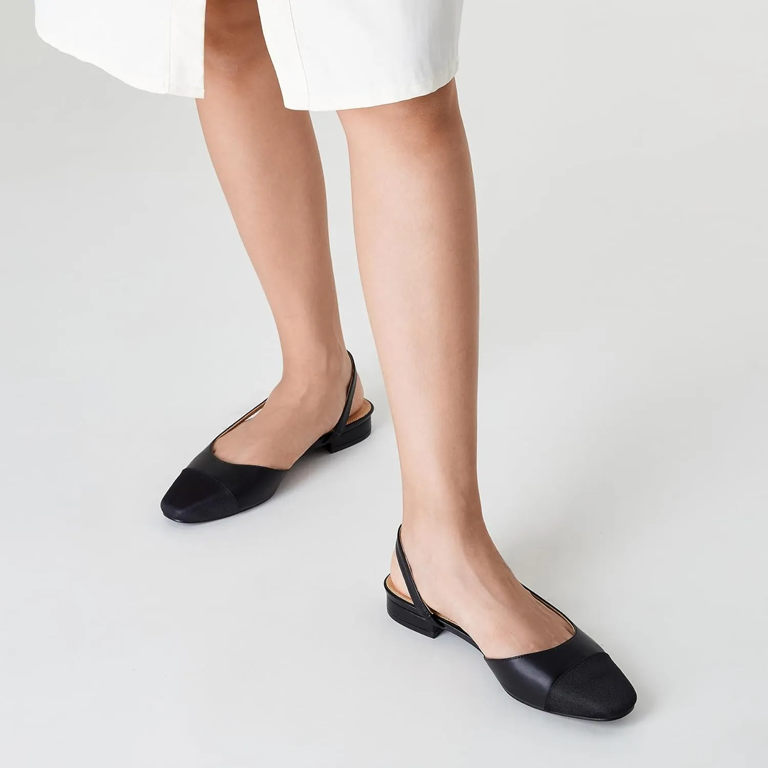 Trary Slingback Flats for Women, Black Dressy Comfortable Round Square Toe Shoes, Work Office Casual Ankle Strap Dress Flats