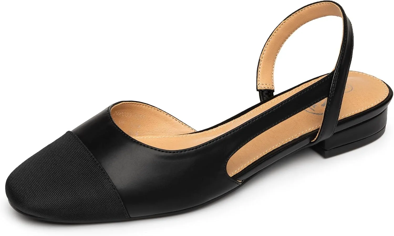Trary Slingback Flats for Women, Black Dressy Comfortable Round Square Toe Shoes, Work Office Casual Ankle Strap Dress Flats