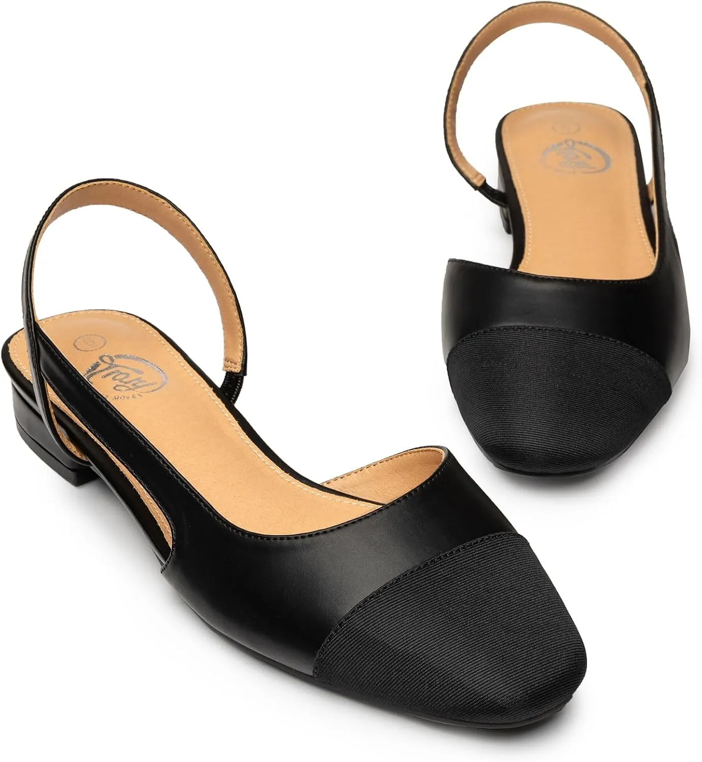 Trary Slingback Flats for Women, Black Dressy Comfortable Round Square Toe Shoes, Work Office Casual Ankle Strap Dress Flats