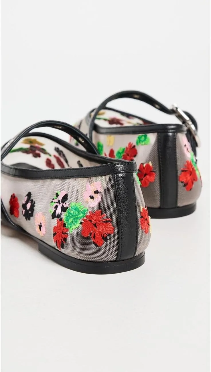 Tulle Mesh Ballet Flats for Women Slingback Square Toe Buckle Strap Slip On Fishnet Ballerina Shoes Casual Comfortable Dress Mary Jane Flat Sandals Leather