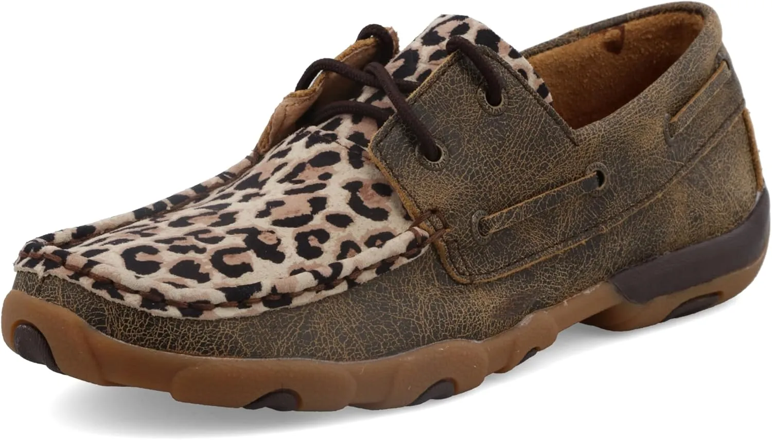 Twisted X Women's Boat Shoe Driving Moc, Moc Toe, Distressed & Leopard, 6 M