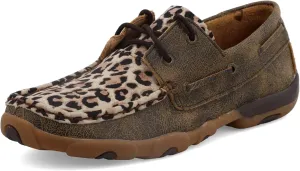 Twisted X Women's Boat Shoe Driving Moc, Moc Toe, Distressed & Leopard, 6 M