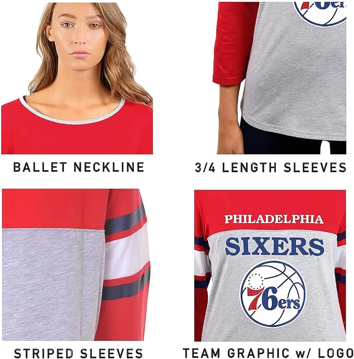 Ultra Game Women's NBA Official Raglan Baseball 3/4 Long Sleeve Shirt