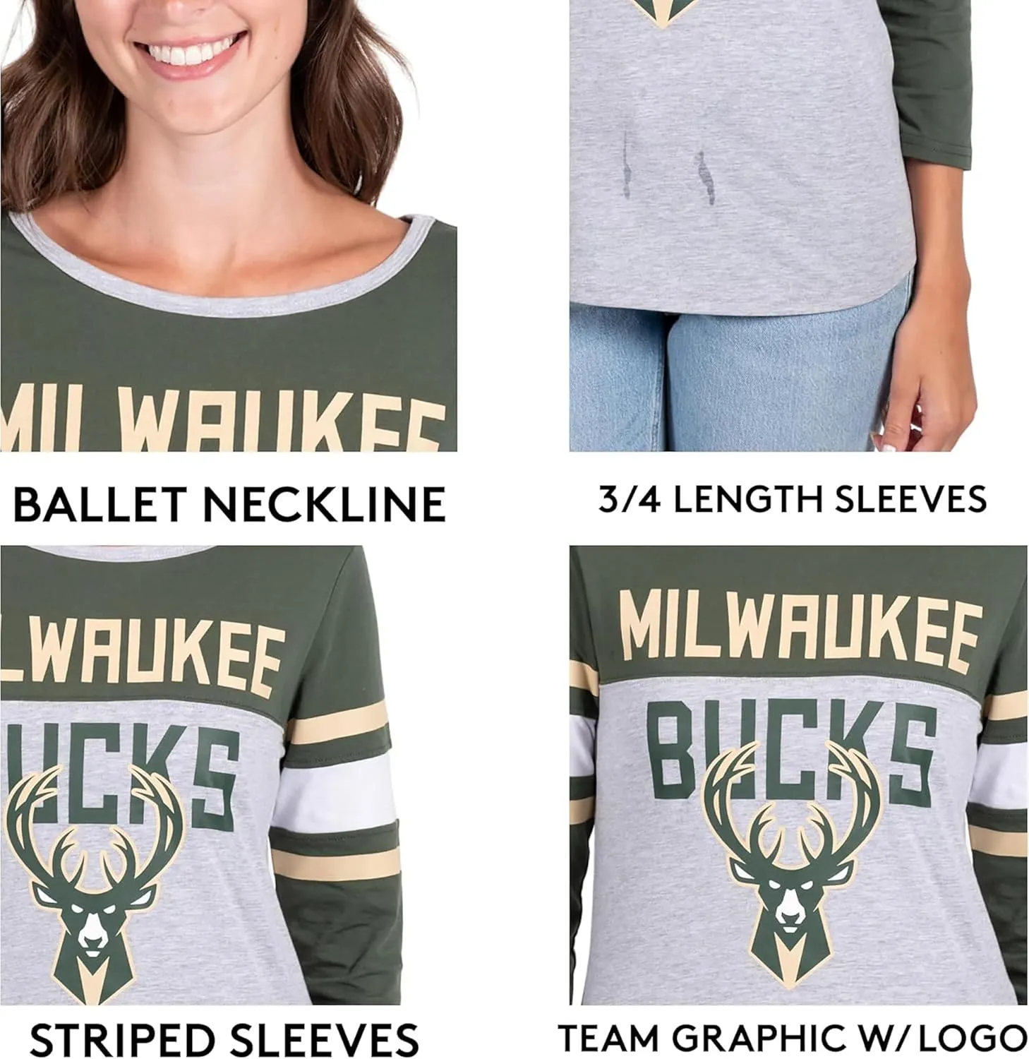 Ultra Game Women's NBA Official Raglan Baseball 3/4 Long Sleeve Shirt