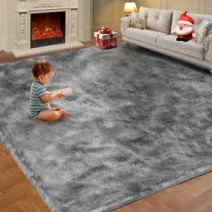 Ultra Soft Indoor Modern Area Rugs, 5x7 Tie-Dyed Light Grey Large Area Rugs for Living Room, Fluffy Shag Fuzzy Soft Carpet for Bedroom, Kids Home Decor Aesthetic, Nursery, Upgrade Anti-Skid