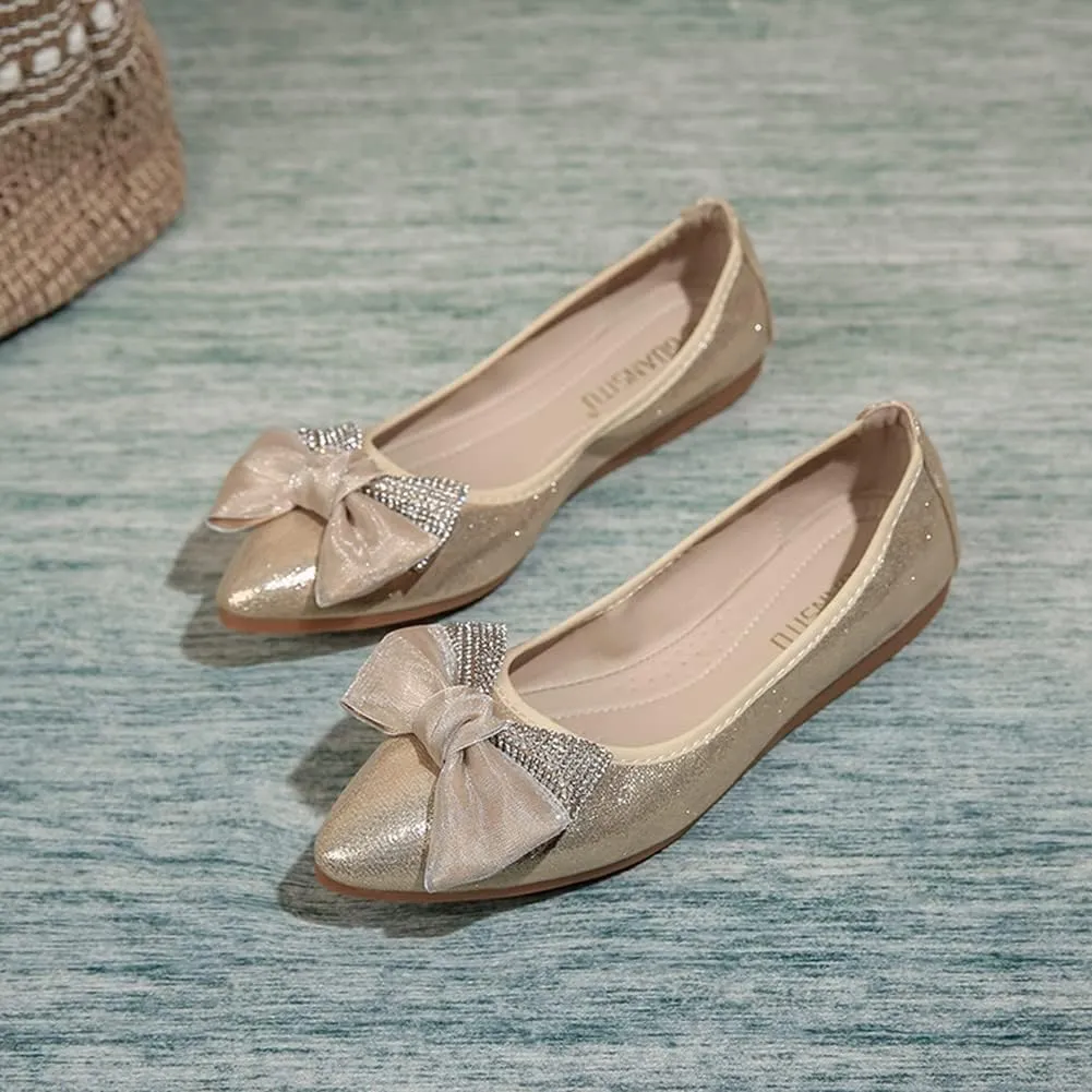 Unifizz Women's Ballet Flats Soft Pointed Toe Rhinestone Wedding Ballerina Shoes Foldable Sparkly Comfort Slip on Flat Shoes for Women