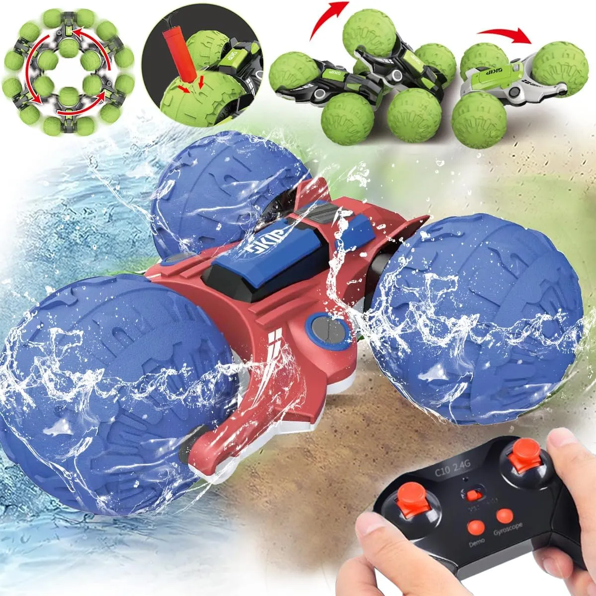UNIQUE KIDS 1: 12 Waterproof Amphibious 360°   360° Flip RC Car | Durable Inflatable Wheels | All-Terrain Water & Land Toy | 2.4 GHz for Kids 6-12 Years (Blue)
