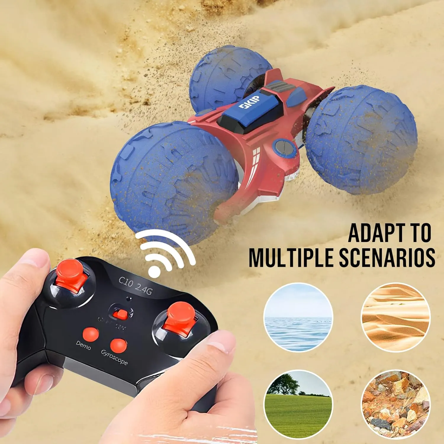 UNIQUE KIDS 1: 12 Waterproof Amphibious 360°   360° Flip RC Car | Durable Inflatable Wheels | All-Terrain Water & Land Toy | 2.4 GHz for Kids 6-12 Years (Blue)