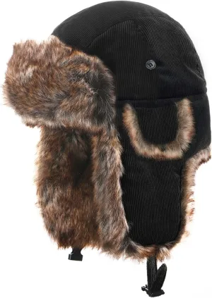 Unisex Corduroy Winter Hat Faux Fur Aviator Trapper Hat Warm Earflap Cap