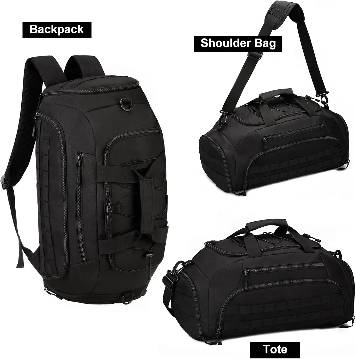 UNISTRENGH 3-Ways Tactical Military Nylon Men Holdall Weekend Travel Duffel Bag Backpack Messenger Shoulder Bags Rucksack Handbag (Black)