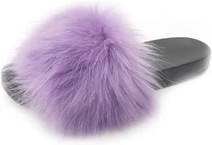 Unpafcxddyig Women Faux Fox Fur Slippers Feather Vegan Leather Open Toe Slip On Sandals