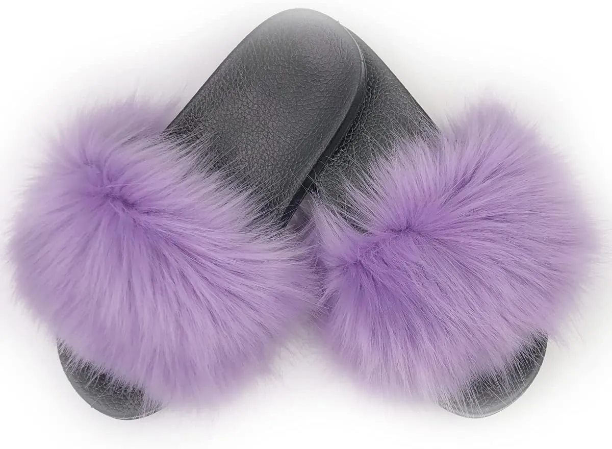 Unpafcxddyig Women Faux Fox Fur Slippers Feather Vegan Leather Open Toe Slip On Sandals