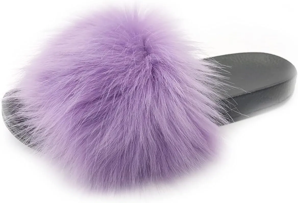Unpafcxddyig Women Faux Fox Fur Slippers Feather Vegan Leather Open Toe Slip On Sandals