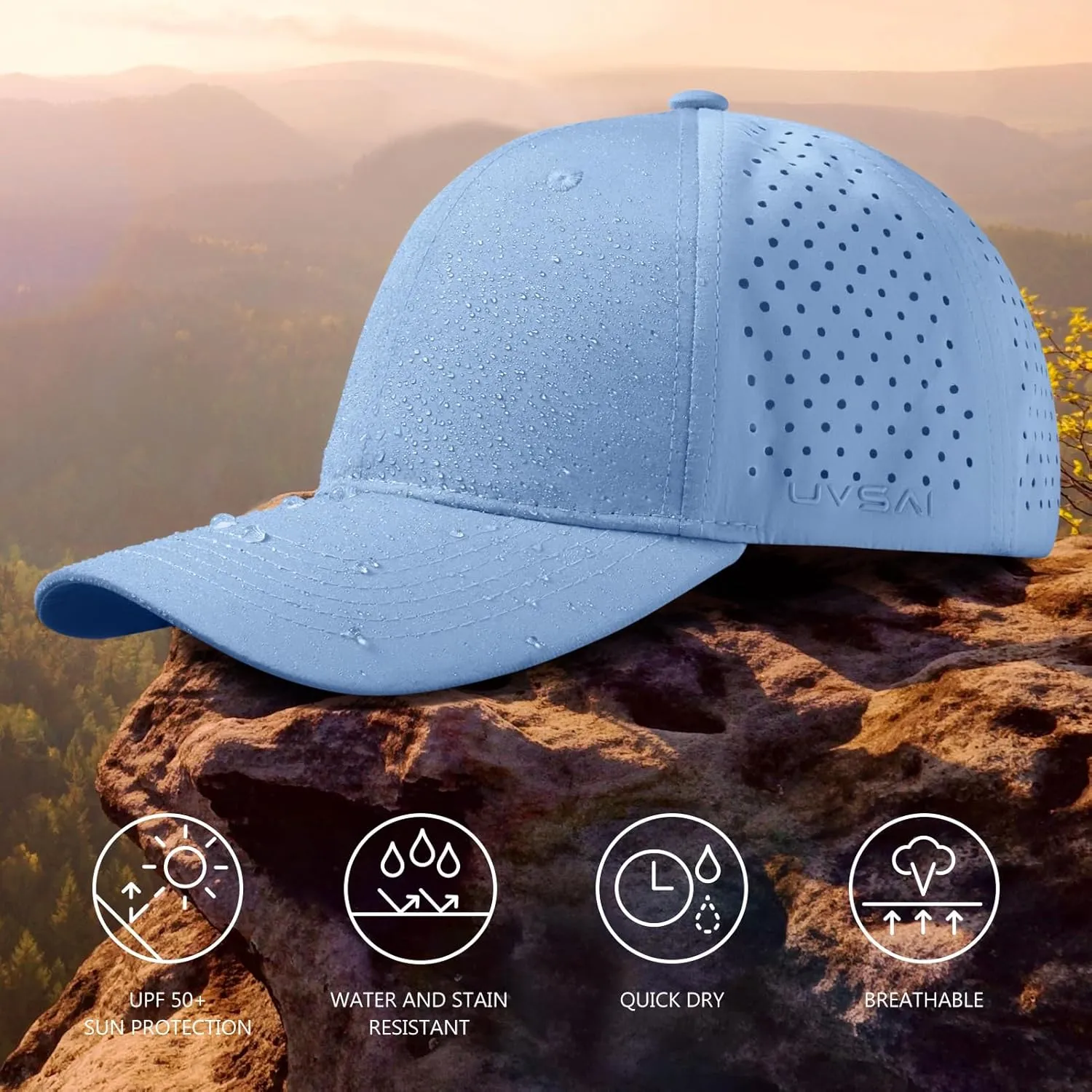 UPF 50  Performance Water Resistant Baseball Cap Lightweight Breathable Hat Golf Running Boat Hiking for Men Women